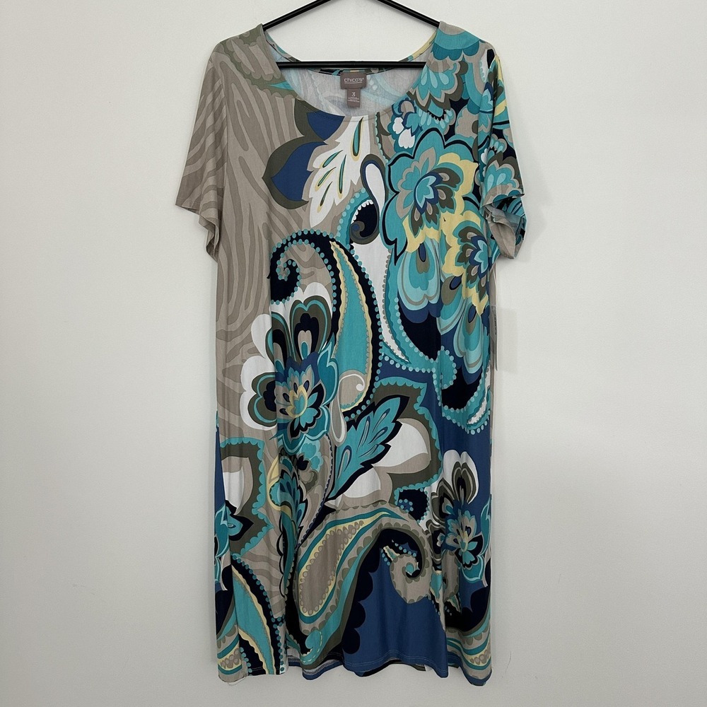 Chicos Dress Womens 3 Large Blue Multi Paisley Scoop Neck Short Sleeve Stretch